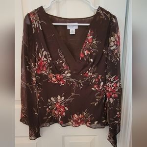 Ann Taylor Brown Floral Long Sleeve Blouse